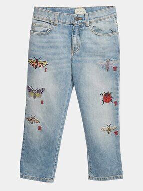 Gucci Kids Girls Embroidered Insect Jeans Light Blue Denim Size 8Y NWOT